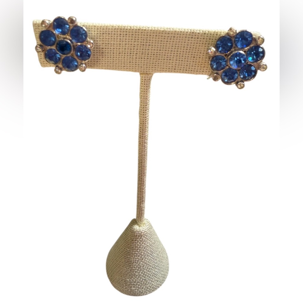 #688‎ Vintage Sapphire Blue Rhinestone Flower Screw Back Earrings